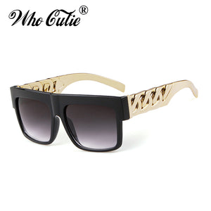 2023 Oversized Hip Hop Sunglasses Men Women Brand Design Flat Top Retro Square Black Sun Glasses Gold Plastic Chain Frame OM725