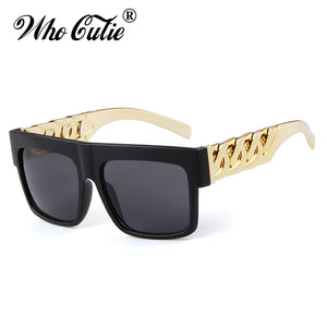 2023 Oversized Hip Hop Sunglasses Men Women Brand Design Flat Top Retro Square Black Sun Glasses Gold Plastic Chain Frame OM725