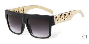 2023 Oversized Hip Hop Sunglasses Men Women Brand Design Flat Top Retro Square Black Sun Glasses Gold Plastic Chain Frame OM725