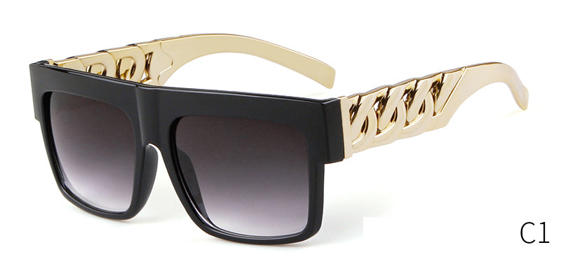 2023 Oversized Hip Hop Sunglasses Men Women Brand Design Flat Top Retro Square Black Sun Glasses Gold Plastic Chain Frame OM725
