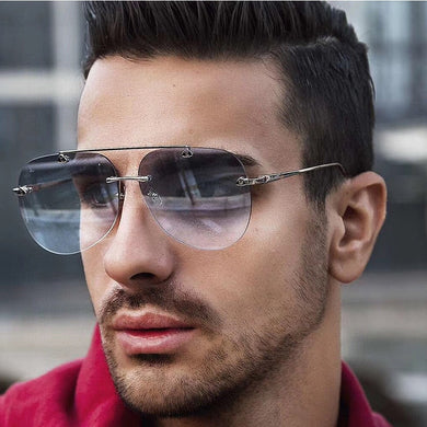 2023 Occhiali da sole pilota in lega senza montatura per uomo Occhiali da sole sfumati di marca Occhiali da sole ovali in metallo femminile Nero Oculos De Sol Masculino