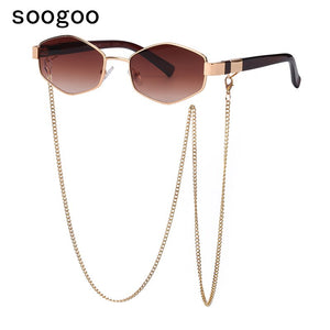 2023 Trendy Vintage Hexagon With Chain Necklace Sunglasses Small Frame Sun Glasses  Brand Designer Eyewear UV400 Lunettes