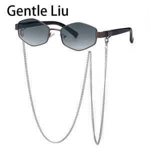 2023 Trendy Vintage Hexagon With Chain Necklace Sunglasses Small Frame Sun Glasses  Brand Designer Eyewear UV400 Lunettes