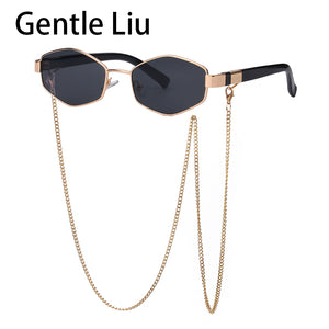 2023 Trendy Vintage Hexagon With Chain Necklace Sunglasses Small Frame Sun Glasses  Brand Designer Eyewear UV400 Lunettes