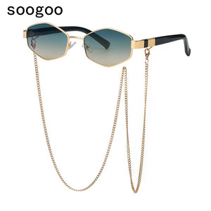 2023 Trendy Vintage Hexagon With Chain Necklace Sunglasses Small Frame Sun Glasses  Brand Designer Eyewear UV400 Lunettes