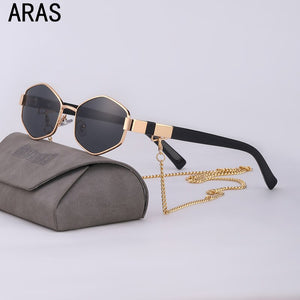 2022Trendy Retro Hexagon With Chain Sunglasses Women Small Frame Holder Necklace Sun Glasses  Brand Designer Eyewear UV400