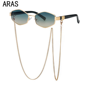 2022Trendy Retro Hexagon With Chain Sunglasses Women Small Frame Holder Necklace Sun Glasses  Brand Designer Eyewear UV400