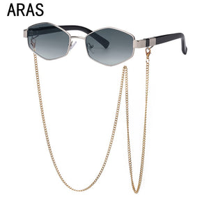 2022Trendy Retro Hexagon With Chain Sunglasses Women Small Frame Holder Necklace Sun Glasses  Brand Designer Eyewear UV400