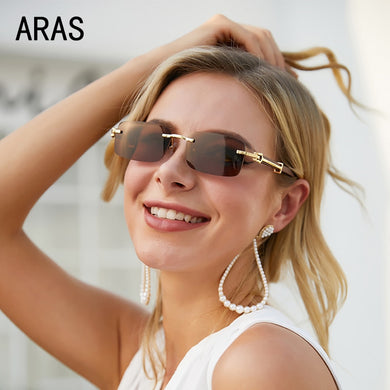 2023Vintage Rectangle Frameless Wooden Leg Sunglasses WomenTrendy Classic Cutting Len SunGlaases For Ladies  Brand Eyewear