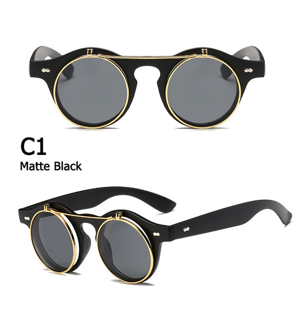 2023 Vintage Round Steam Punk Flip Up Sunglasses Classic Double Layer Clamshell Design Gothic Sun Glasses Oculos De Sol