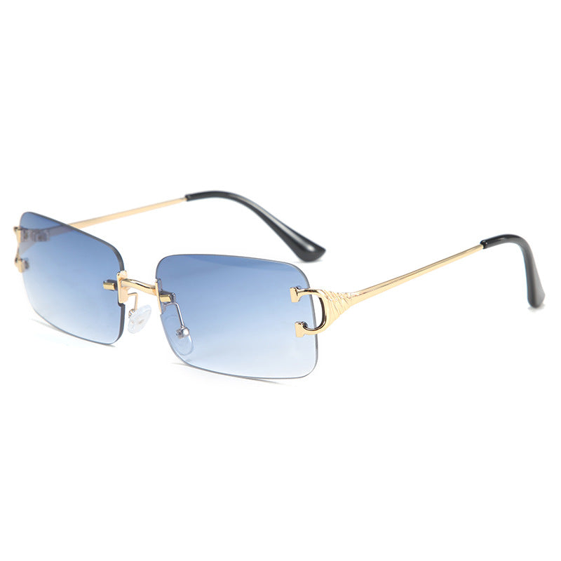 2023 blue rectangle frameless sunglasses men's metal small square sunglasses ladies gradient frameless glass UV400