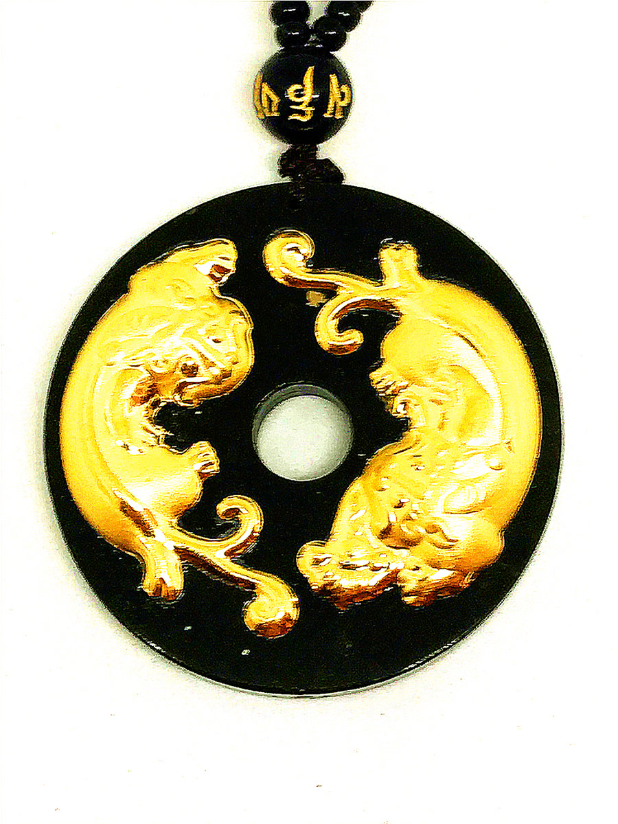 24K Yellow Gold Hetian Dark Green Jade Amulet Lucky Pendant Necklace