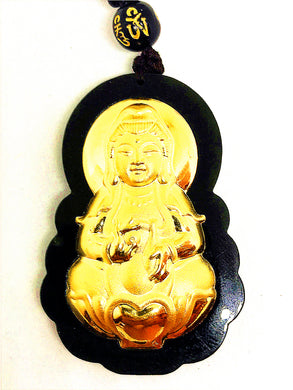 24K Yellow Gold Hetian Dark Green Jade Buddha Amulet Lucky Pendant Necklace