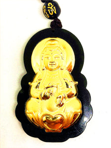 24K Yellow Gold Hetian Dark Green Jade Buddha Amulet Lucky Pendant Necklace