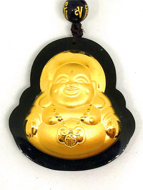 24K Yellow Gold Hetian Dark Green Jade Buddha Lucky Pendant Necklace
