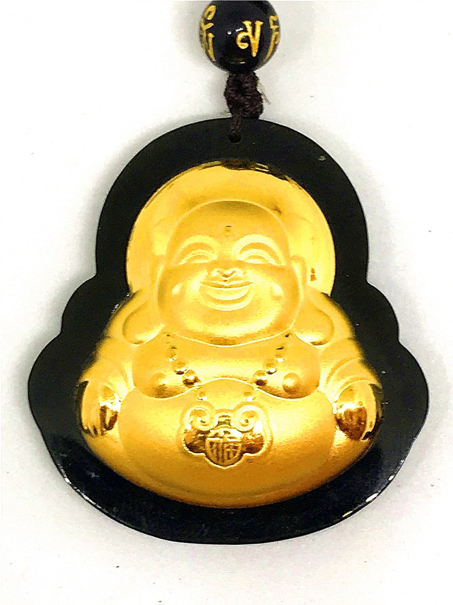 24K Yellow Gold Hetian Dark Green Jade Buddha Lucky Pendant Necklace