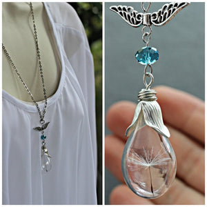 2PCS Glass Teardrop Dandelion Seed Necklace,Real Flower Jewelry,Wish Necklace