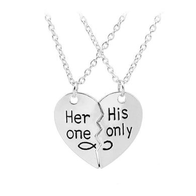 2Pcs/Set Her One His Only Letter Carved Couple Heart Pendant Matching Necklace