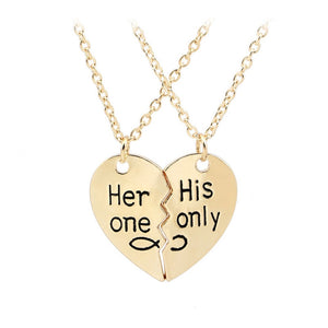 2Pcs/Set Her One His Only Letter Carved Couple Heart Pendant Matching Necklace