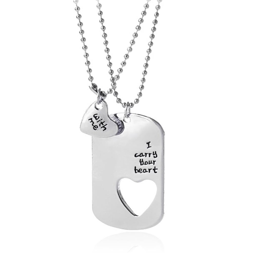 2Pcs/Set Silver Alloy Love I Carry Your Heart Dog Tag Pendant Matching Necklace Women Jewelry Party Club Gift