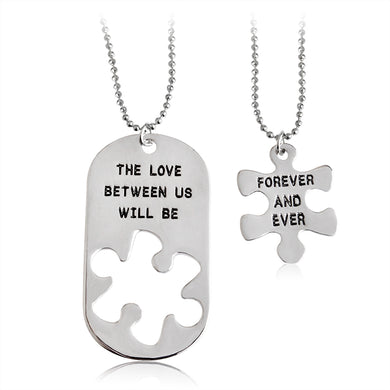 2pcs THE LOVE BETWEEN US WILL BE FOREVER AND EVER Letters Carving Pendant Necklaces Nice Gift Lovers Couples Jewelry