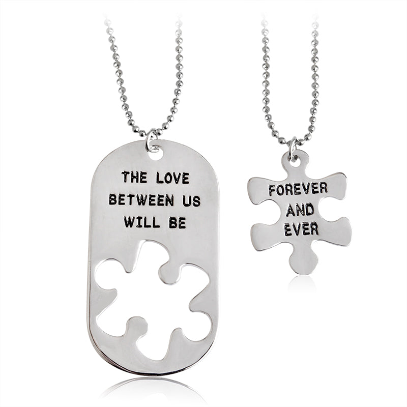 2pcs THE LOVE BETWEEN US WILL BE FOREVER AND EVER Letters Carving Pendant Necklaces Nice Gift Lovers Couples Jewelry