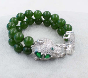 2rows green jade round 10mm 12mm +leopard clasp bracelet 7.5inch wholesale beads nature handcraft