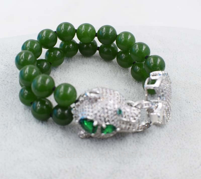 2rows green jade round 10mm 12mm +leopard clasp bracelet 7.5inch wholesale beads nature handcraft