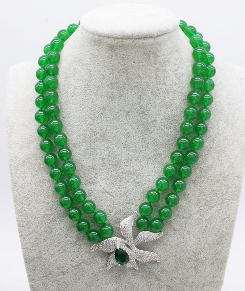 2rows green jade round 8mm &blue zircon flower clasp 17-18inch necklace bracelet wholesale beads nature