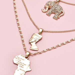 3 Pcs/Set Vintage Crystal Elephant Pyramid Ancient Egyptian Pharaoh Map Pendant Multilayer Gold Necklace Punk Lady Jewelry Gifts