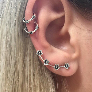 3 Pieces/Set Retro Stud Earrings Set Women Plum Blossom Earring Double Circle Ear Clip Jewelry Antique Silver Color Accessory