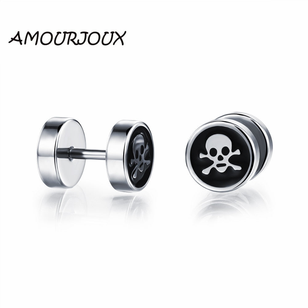 316L Stainless Steel Silver Plated Skull Head Shaped Round Male Stud Earrings for Men Studs Earring for Man Boyfriend Gift