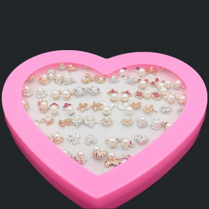 36 PAIRS/SET Simple Flower Bowknot Simulated Pearls Stud Earrings For Girls Fashion Ear Jewelry Heart Shape Box Packed Brincos