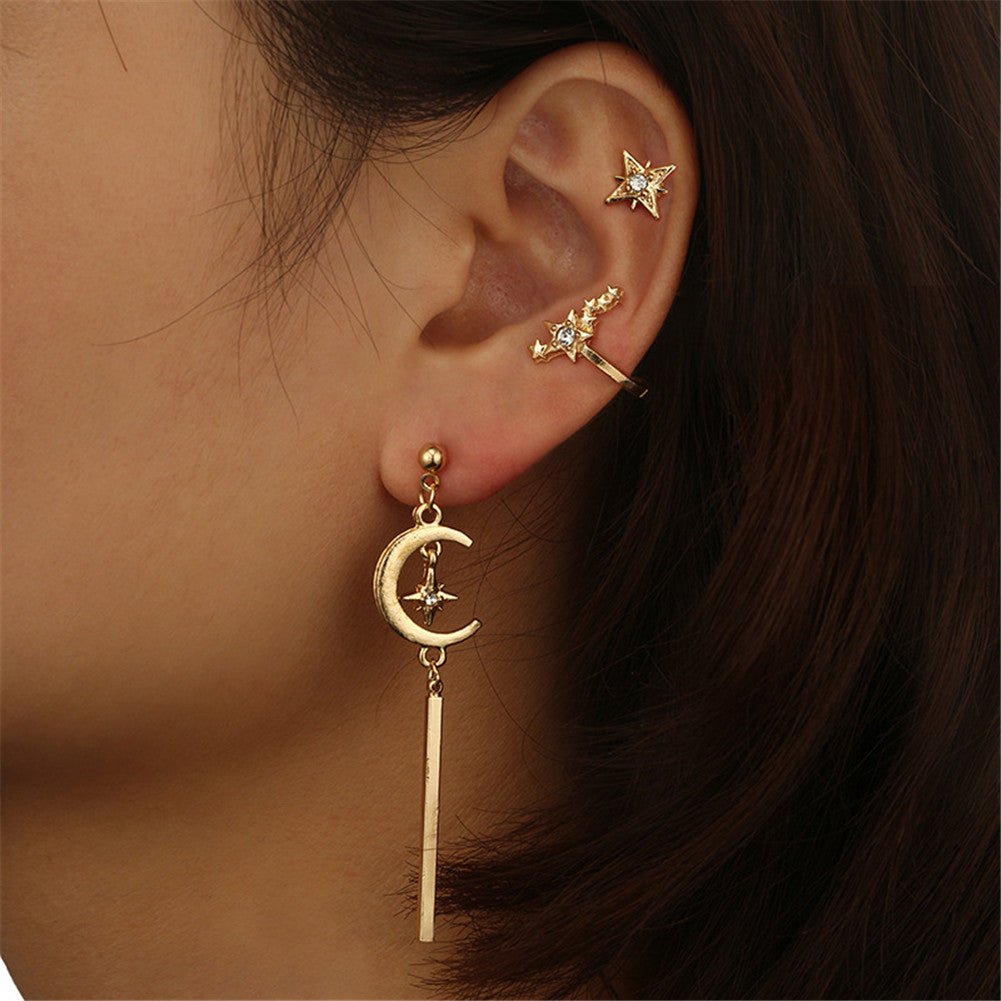 3Pcs/set Classic Stars Ear Drop Rhinestone Women Girl Ear Stud Alloy Earrings