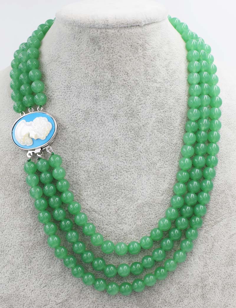 3rows green jade round 8mm +beautiful woman head clasp necklace 18-20inch wholesale beads nature woman 2017