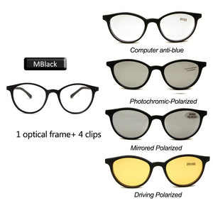 4 In 1 Ultem Vintage Round Eyeglasses  Women Men Photochromic Polarized Sunglasses Magnetic Clip On Glasses Optical Computer