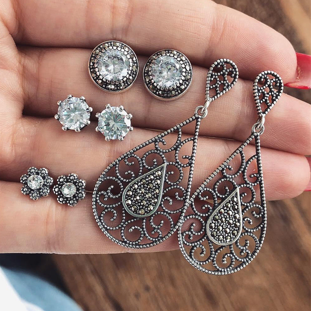 4 Pair/set Bohemian Water Drop Flower Round Crystal Gem Hollow Pattern Silver Earrings Women Charm Party Jewelry