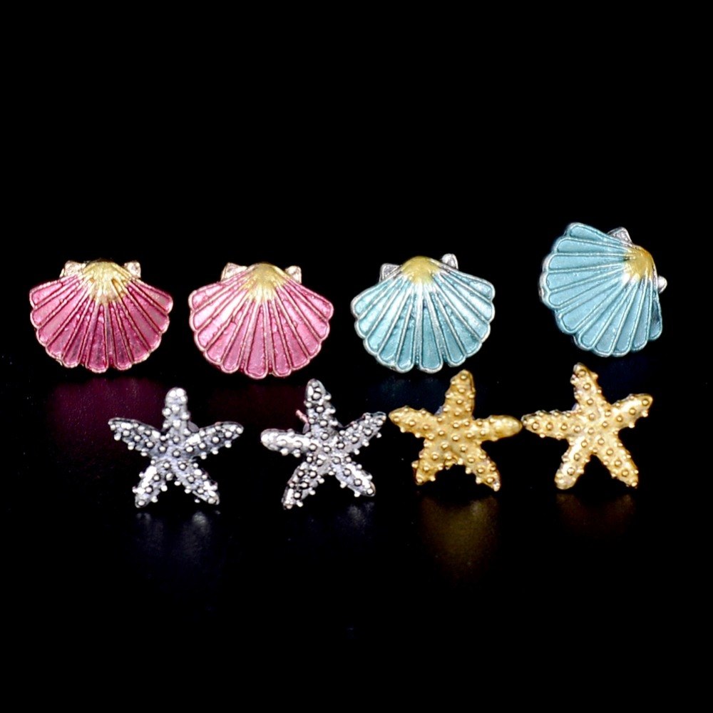 4 Pairs/Set Starfish Shell Multicolored Stud Earrings for Women Wedding Bohemian Summer Beach Boucle D'oreille Jewelry Brincos