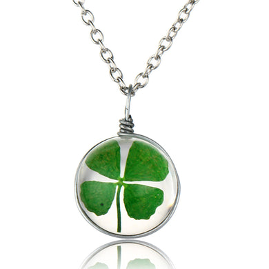 4 Style Silver Plated Vintage Lucky Clover Jewelry with Round Glass Dried Flower Clover Choker Long Pendant Necklace for Women