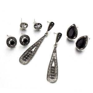 40 Pairs/lot Black Crystal Stud Earring Antique Silver Color Hollow Metal Beads Long Earrings Set For Women Dangle Charm Jewelry