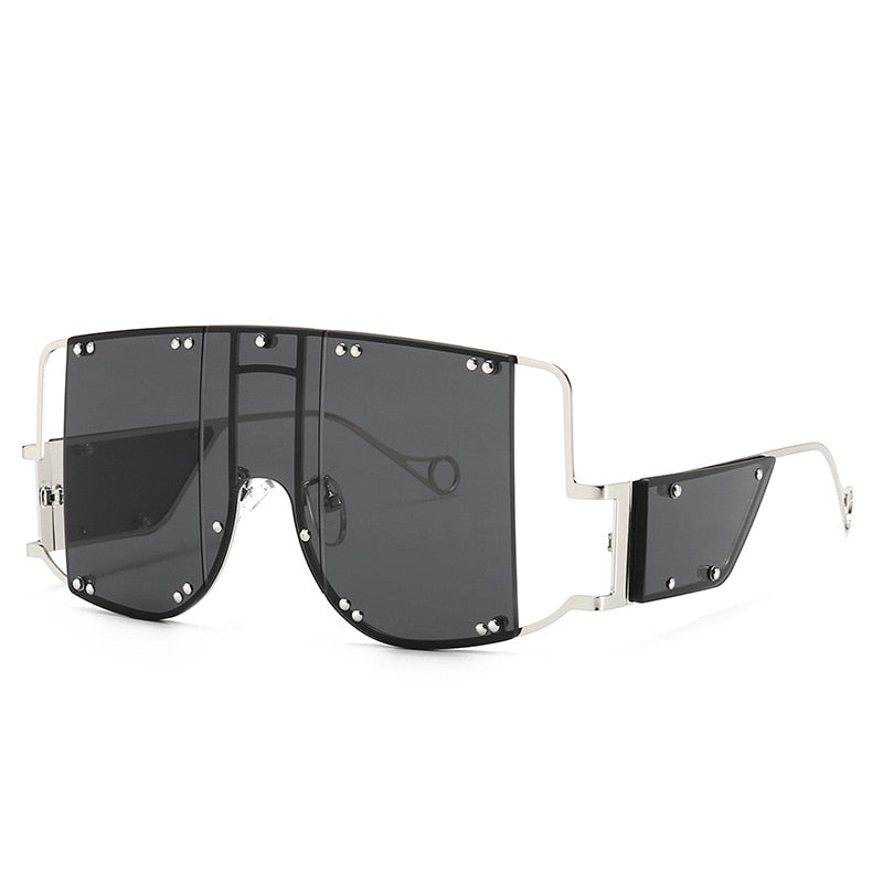 46215 Metal Rivet Eyewear Oversized Mirror Square Sunglasses Men Women Shades Glasses Trend Unique Female UV400