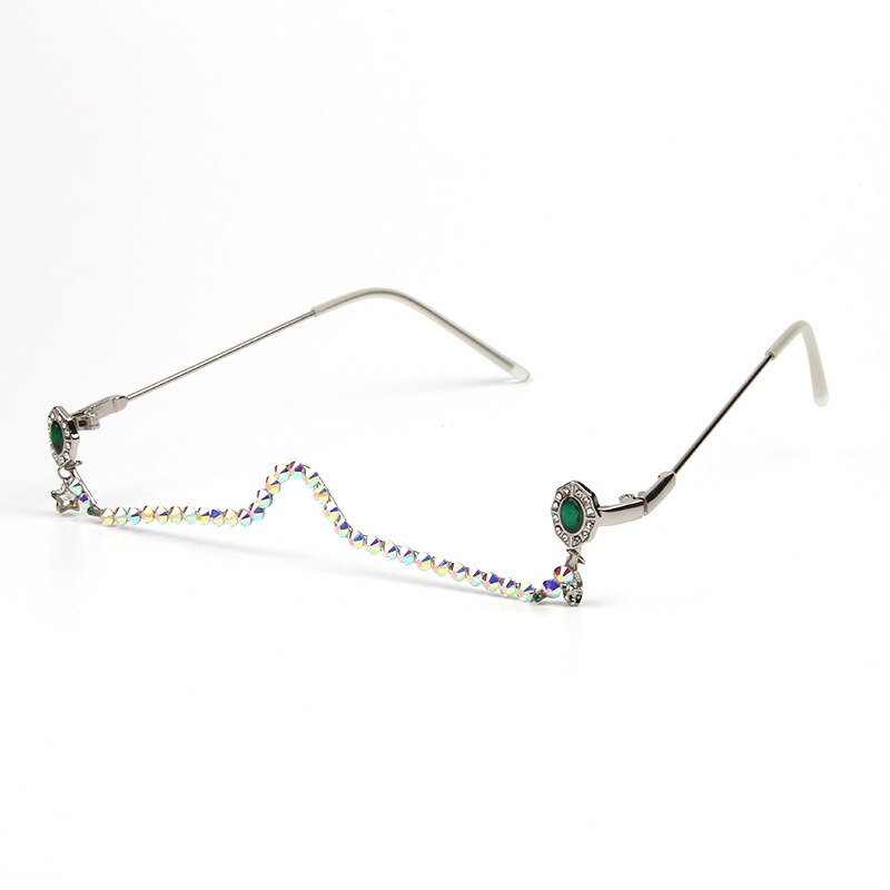47163 Mezza montatura con pendente a goccia d'acqua Montatura per occhiali da donna Catena di diamanti Tonalità da donna Occhiali da vista fatti a mano senza lenti con strass