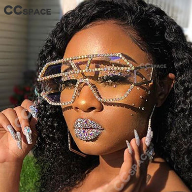 47165 Rhinestone Oversized One Lens Rhinestone Sunglasses Men Women Crystal Geometric Patterns Sun Glasses UV400
