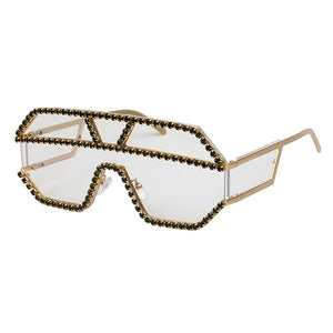 47165 Rhinestone Oversized One Lens Rhinestone Sunglasses Men Women Crystal Geometric Patterns Sun Glasses UV400