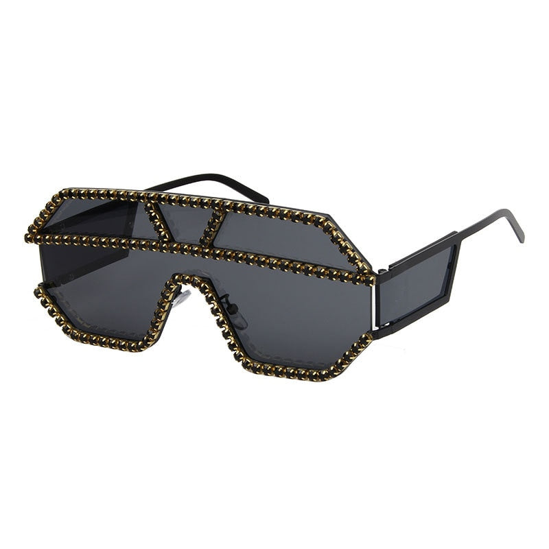 47165 Rhinestone Oversized One Lens Rhinestone Sunglasses Men Women Crystal Geometric Patterns Sun Glasses UV400