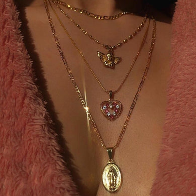 4Pcs/Set Women Necklaces Angel Heart Pink Crystal Virgin Mary Pendant Clavicle Chain Multilayer Gold Necklace Set Jewelry Gift