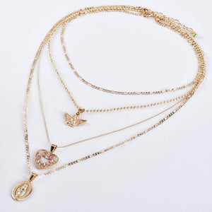4Pcs/Set Women Necklaces Angel Heart Pink Crystal Virgin Mary Pendant Clavicle Chain Multilayer Gold Necklace Set Jewelry Gift