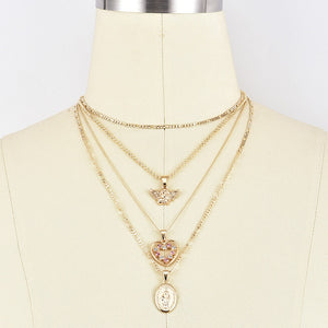 4Pcs/Set Women Necklaces Angel Heart Pink Crystal Virgin Mary Pendant Clavicle Chain Multilayer Gold Necklace Set Jewelry Gift