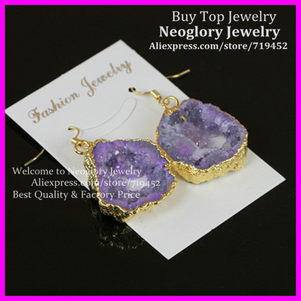 4pair Beautiful Nature Purple crystal Druzy Earrings Geode Quartz Druzy Stone Earring Drusy Gems Druzy Jewelry Hook Earring