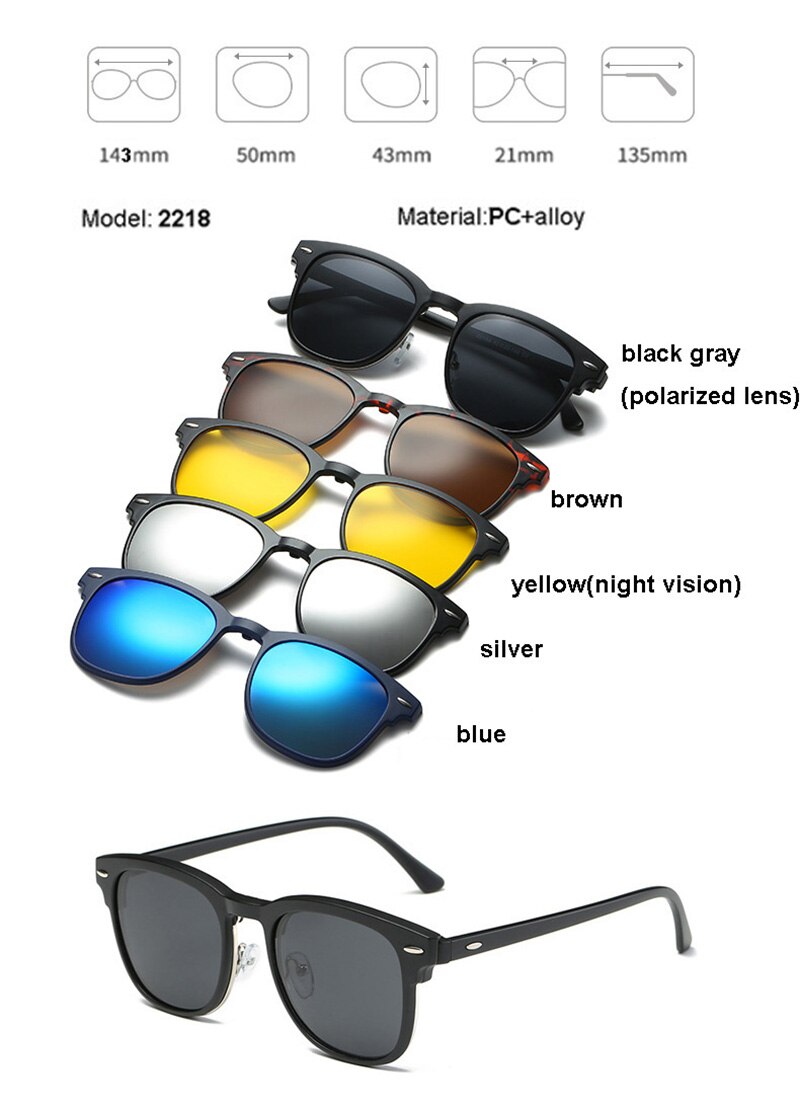 5 in 1 Clip On Polarized Sunglasses Magnetic Clips Glasses Frame Women Men